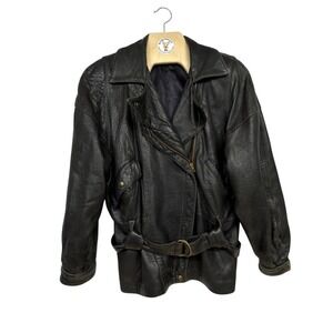 Melazona Vintage Women's Black Leather Moto Jacket Belted USA Made